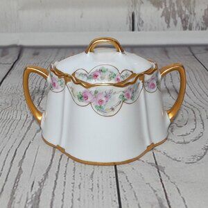 Porcelain Sugar Bowl KPM Germany Floral Pink Roses Gold Trim Double Handles